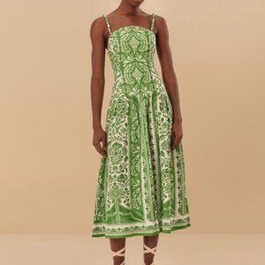 Farm Rio Green Delicate Tapestry Euroflax Premium Linen Midi Dress